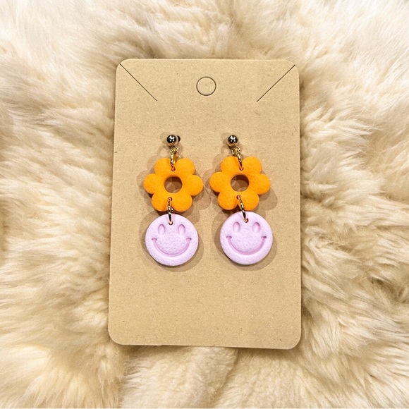 Pink Smiley Face with an Orange Flower Dangle Earrings- Polymer Clay - Picture 2 of 2